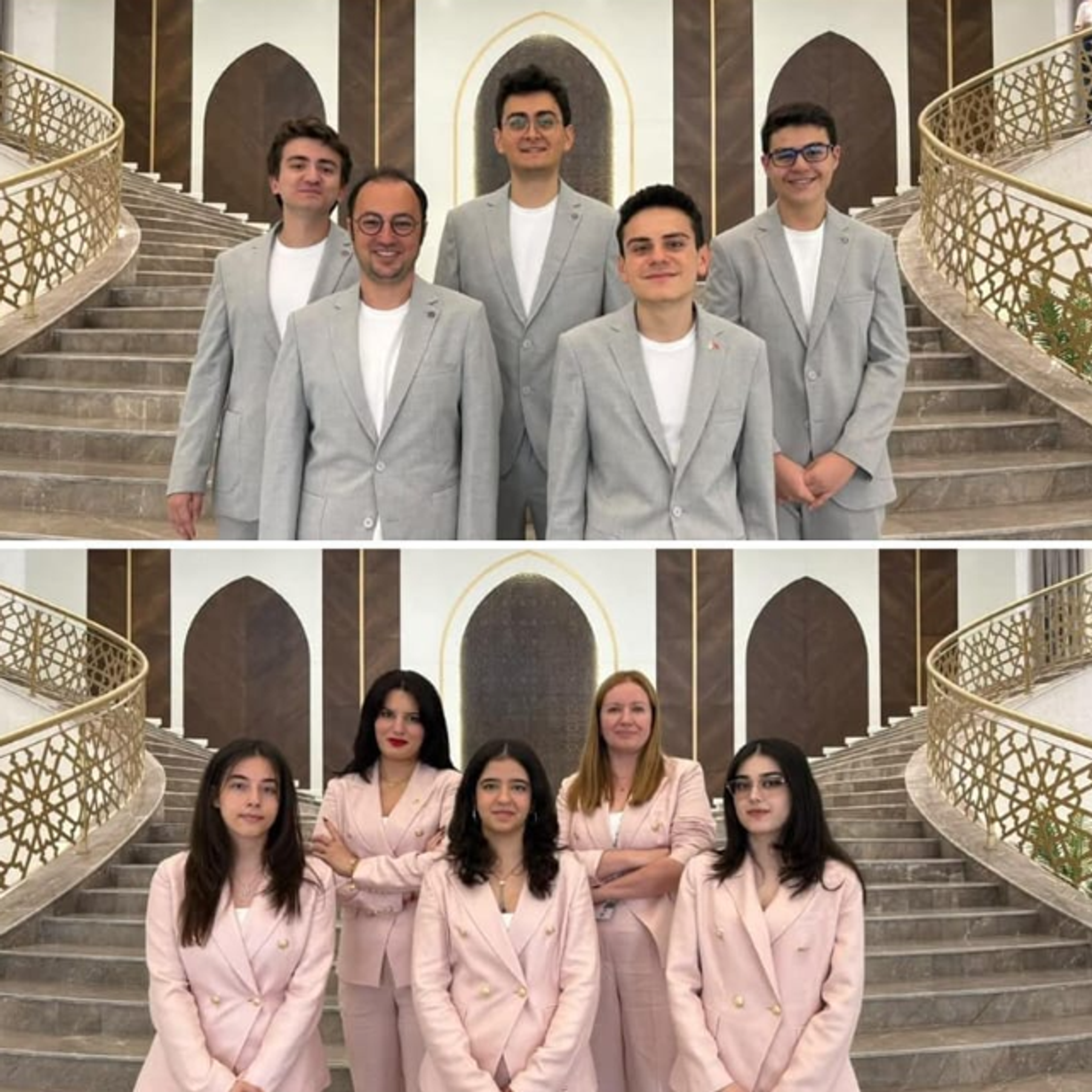 Türkiye’s Open and Women’s chess teams pose on the grand staircase at the 46th FIDE Chess Olympiad in Samarkand.