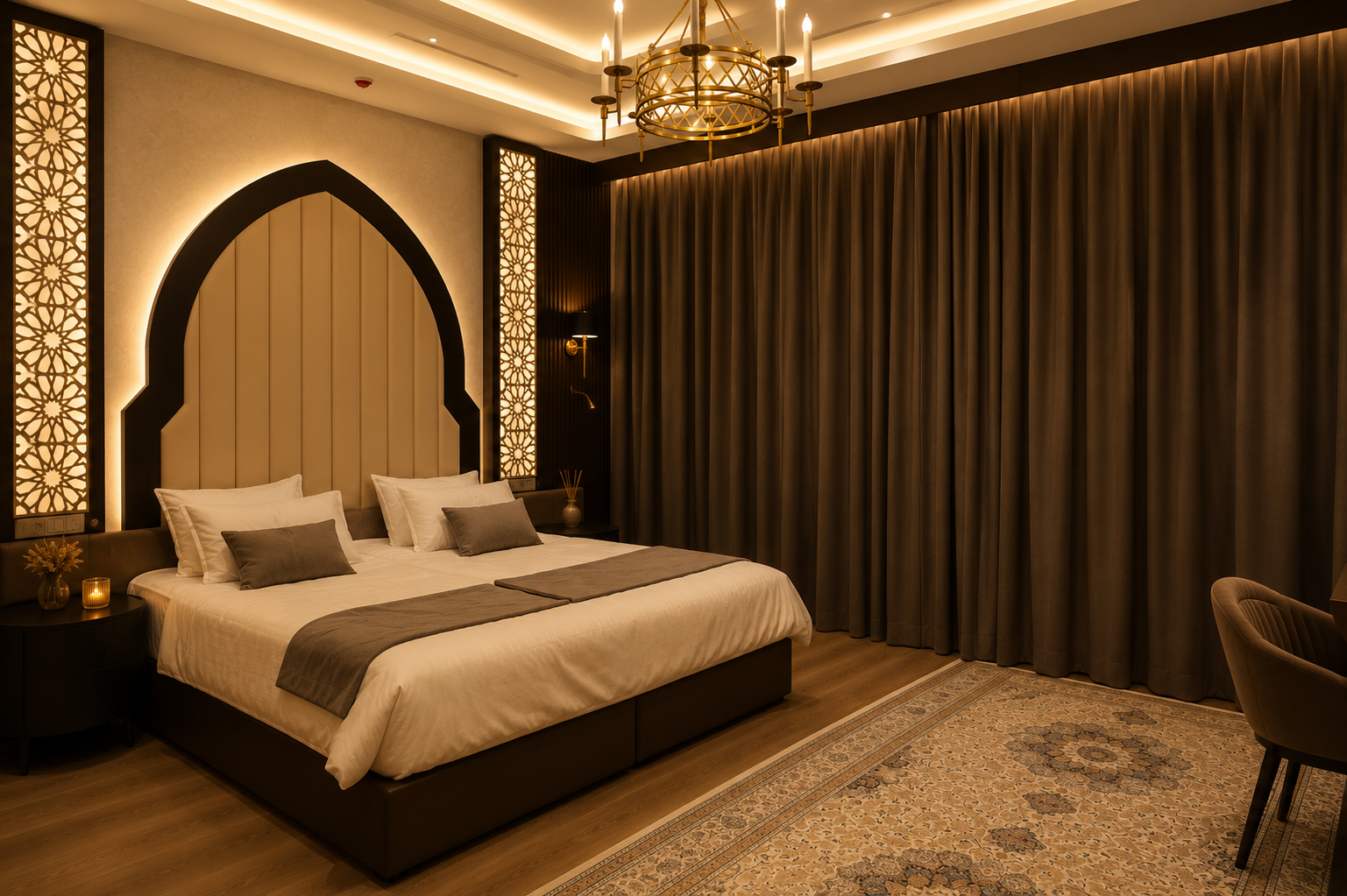Guest room with an illuminated arched headboard